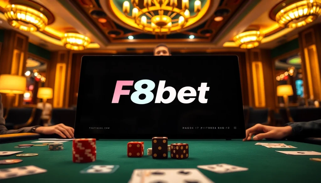 Engaging imagery of F8bet Đăng nhập showcasing poker chips and an online betting interface in a luxurious casino.