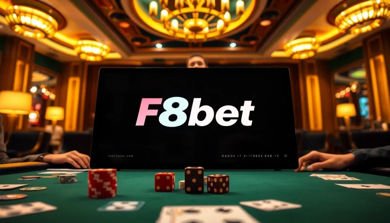 Engaging imagery of F8bet Đăng nhập showcasing poker chips and an online betting interface in a luxurious casino.