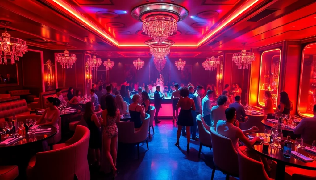 Dinner SXM at Club Noir features a luxurious atmosphere with performers, vibrant lighting, and elegant seating.