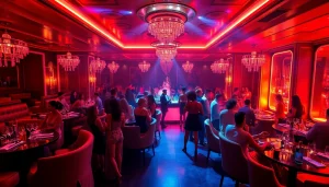 Dinner SXM at Club Noir features a luxurious atmosphere with performers, vibrant lighting, and elegant seating.