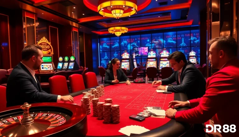 Engaging poker game at DR88 casino with luxury chips and roulette wheel.