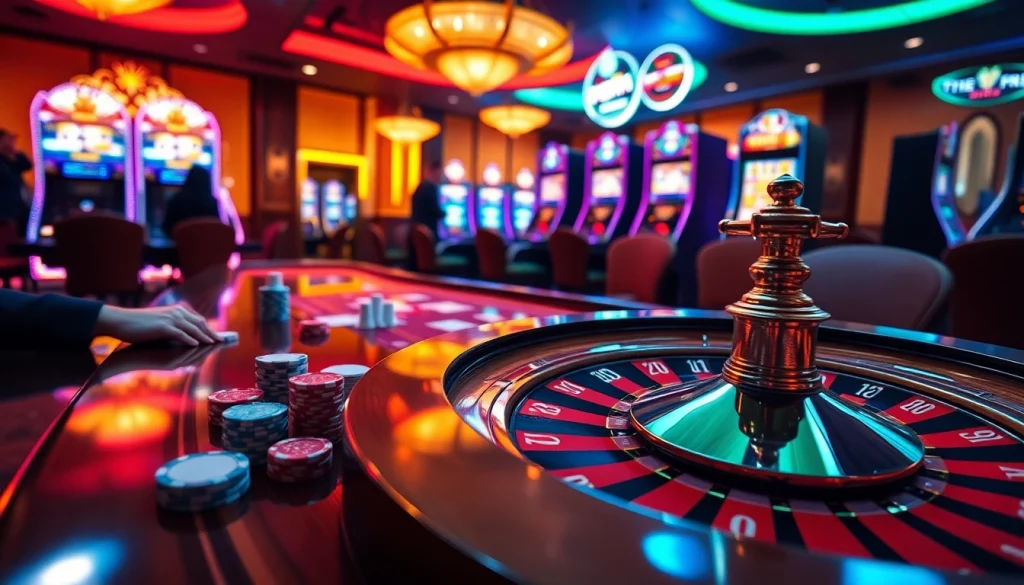 Players enjoying a thrilling moment at a vibrant EV88 casino table with cards and chips.