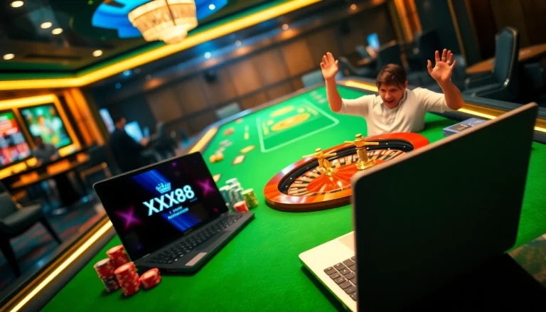 Excited players celebrating their win at xxx88 casino with poker chips and a roulette table.