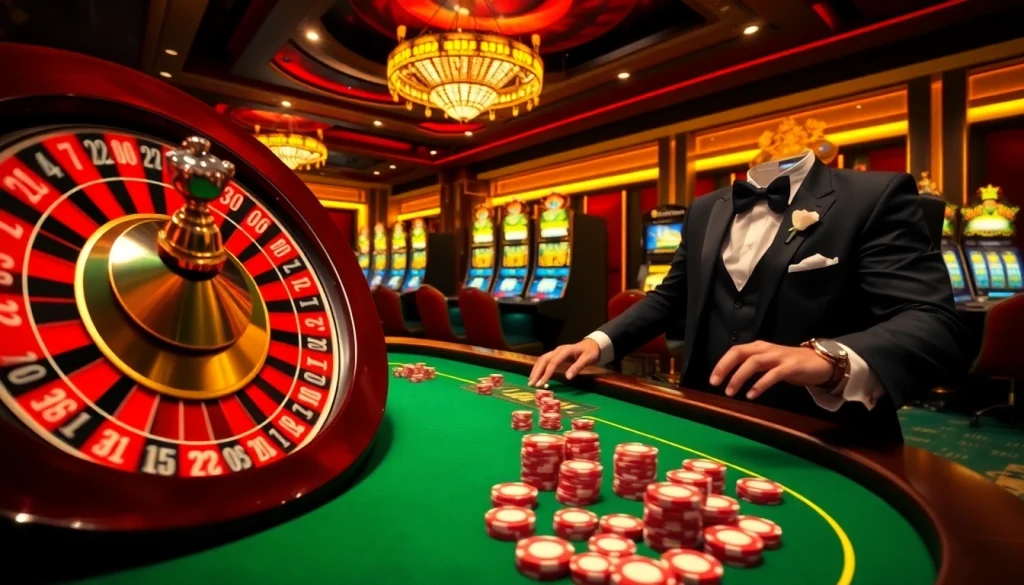 Gambling action at https://www.jun88.org/ with players engaging at a roulette wheel and poker table.