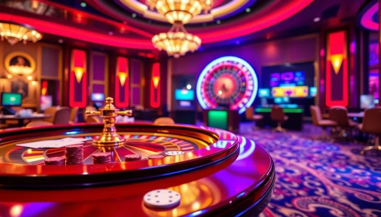 A vibrant casino scene showcasing thrilling gameplay at https://xn882025.online/ with engaging cards, chips, and roulette.
