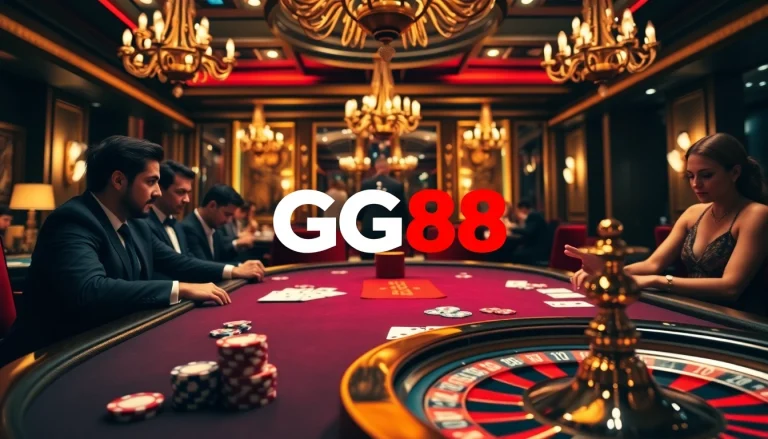 Experience the thrill of GG88 at a lavish casino setting with poker and roulette.