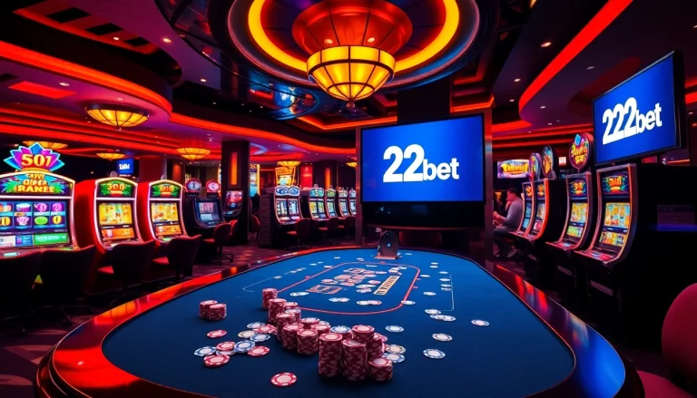 Experience the excitement of 22bet with vibrant casino elements like poker chips and dynamic slot machines.