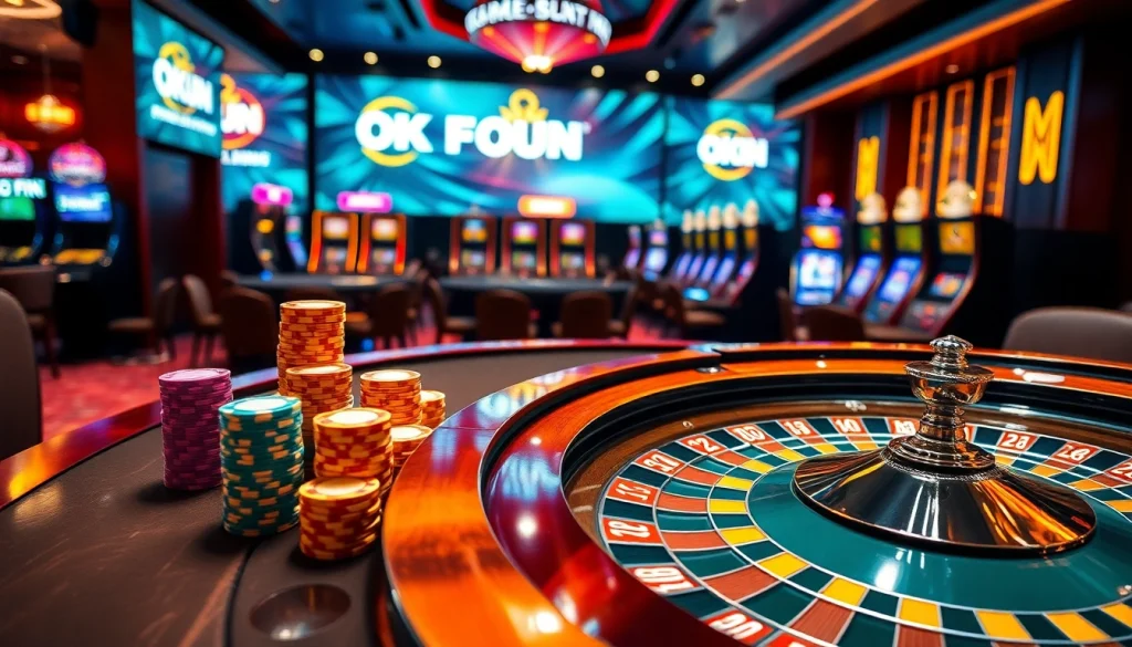 Experience the thrill of the casino with the OKFUN link showcasing an exciting poker table and roulette wheel.