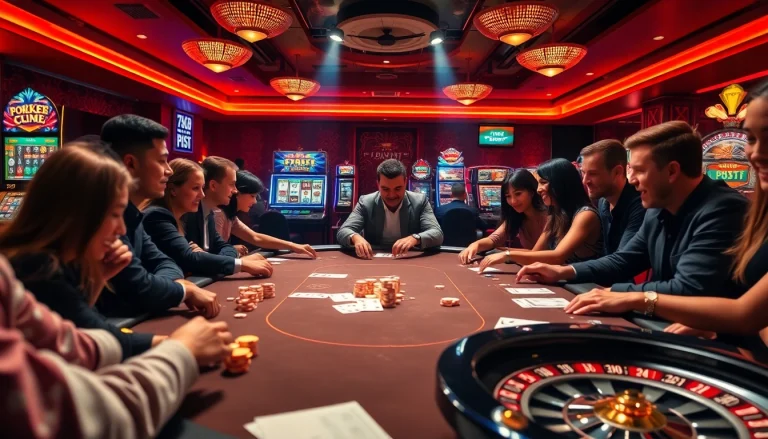Players enjoying high-stakes poker and blackjack at a vibrant 789bets casino, showcasing excitement and luxury.