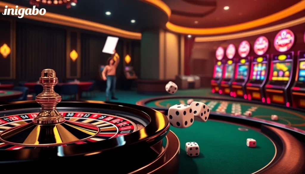 Experience thrilling ingatbola gaming with a vibrant casino scene showcasing poker tables and slot machines.
