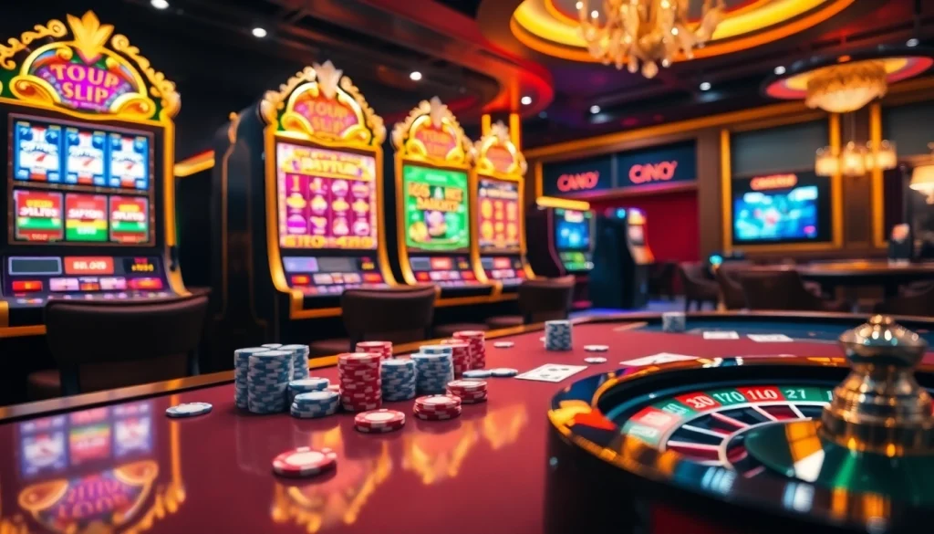 Situs Slot Terpercaya offers an exciting casino experience filled with spinning slot machines and poker chips.