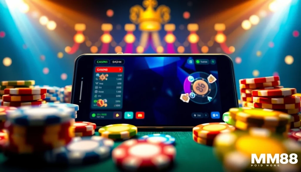 Dynamic scene showing the online gaming experience at https://mm88.agency/ featuring casino elements with a smartphone.