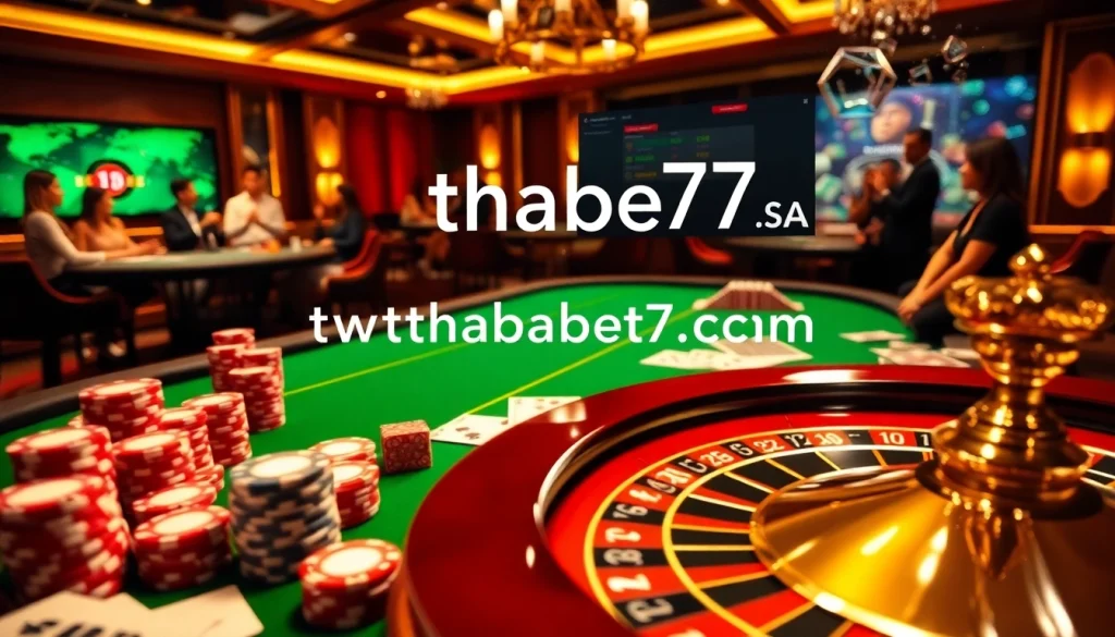 Experience thrill at https://thabet77.sa.com/ with vibrant casino tables, poker chips, and engaging games.
