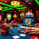 An engaging gambling scene showcasing players at a poker table, featuring elements from https://vnew88.vip/ and vibrant casino visuals.