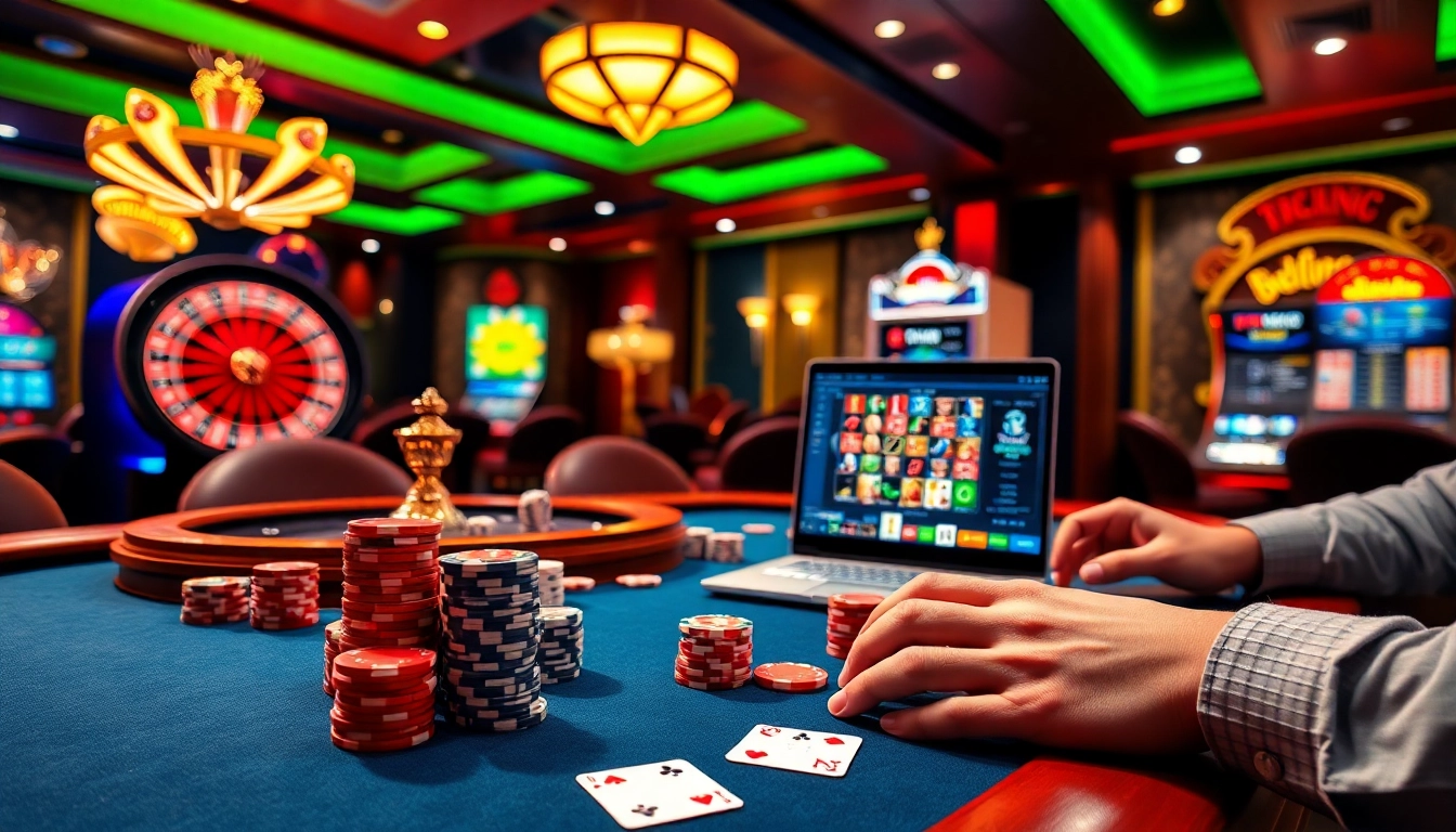 An engaging gambling scene showcasing players at a poker table, featuring elements from https://vnew88.vip/ and vibrant casino visuals.