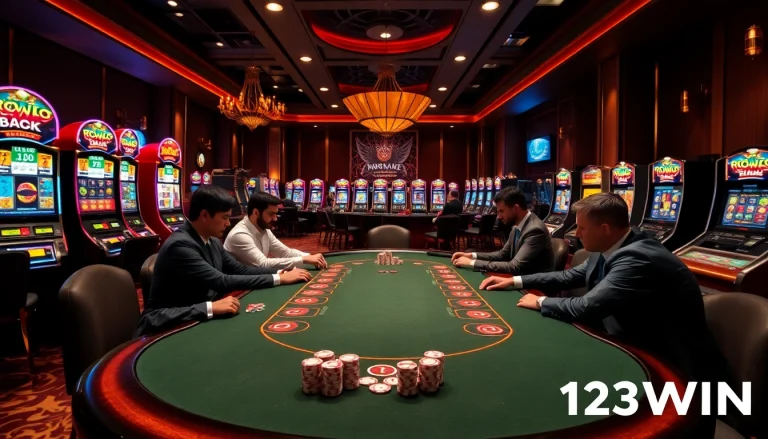 Experience excitement at 123WIN casino with players at the poker table and vibrant slot machines.