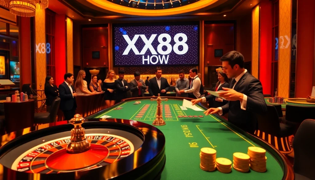 Experience the thrill of gambling with XX88 HOW in a luxurious casino setting featuring poker chips and a roulette table.