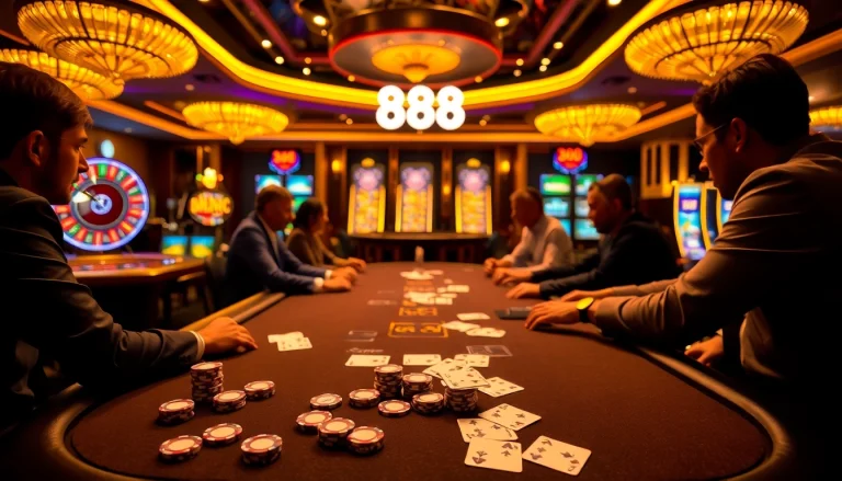 Poker players strategizing at a table while engaging in 888b online gambling experience.