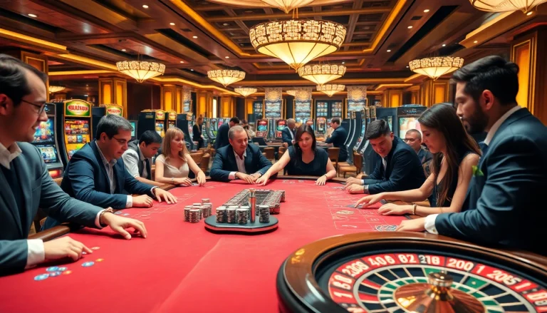 Players experiencing thrilling zbet game moments at a luxurious casino table with colorful chips.