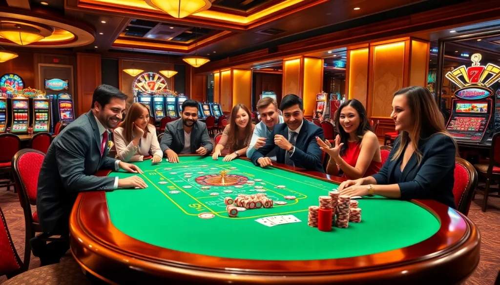 Engage in thrilling gameplay at https://kjc.uk.com/, showcasing a vibrant casino table scene with cards, chips, and excitement.