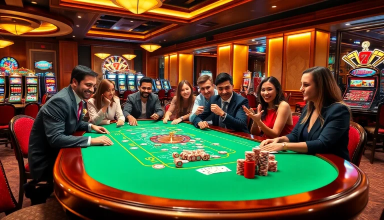 Engage in thrilling gameplay at https://kjc.uk.com/, showcasing a vibrant casino table scene with cards, chips, and excitement.