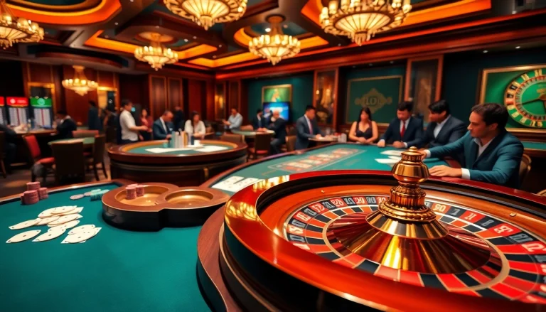 Players enjoying various games at Lu88 casino, featuring poker tables and roulette wheels.