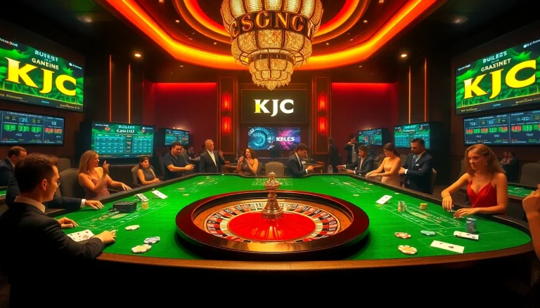 KJC players engaging in a thrilling casino game at a luxurious gambling table.
