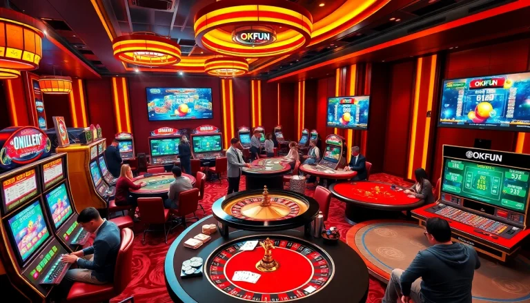 Experience the excitement of OKFUN đăng nhập in a luxurious casino setting filled with vibrant gaming elements.