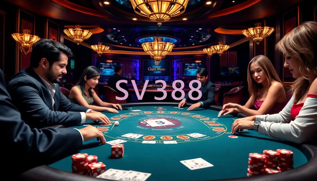 SV388 players enjoying an exciting online gambling experience at a vibrant casino table.