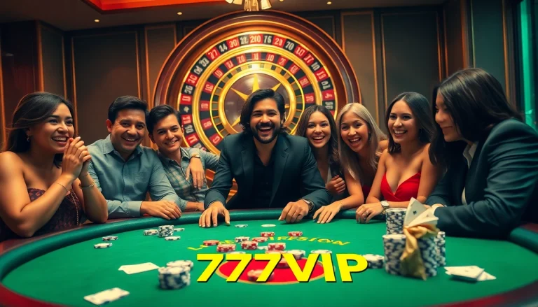 Engaging high-stakes casino atmosphere featuring poker and roulette with 777VIP branding.