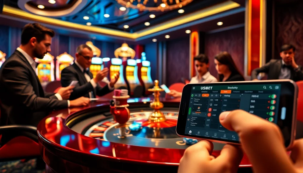 USBET - Professional gamblers thrill in an elegant casino setting featuring roulette and poker action.