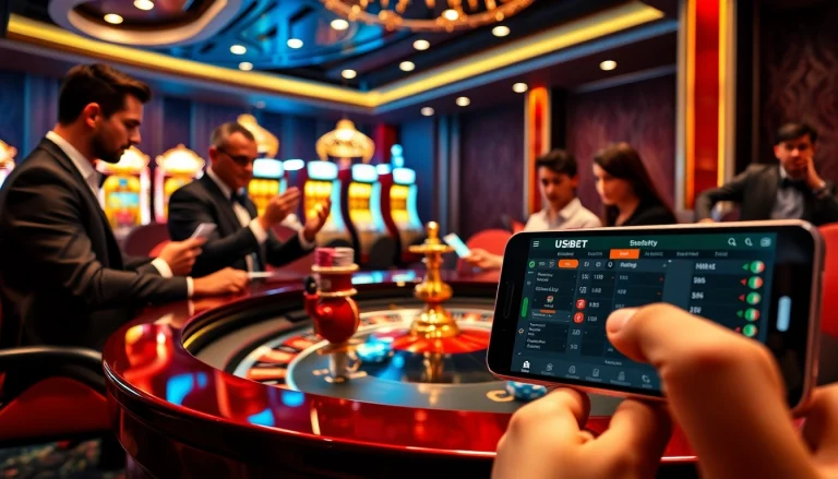 USBET - Professional gamblers thrill in an elegant casino setting featuring roulette and poker action.