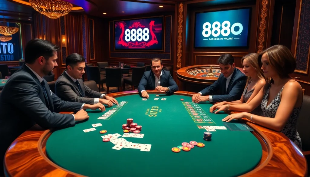 Players enjoying a high-stakes game at 888TO casino, showcasing poker chips and cards.