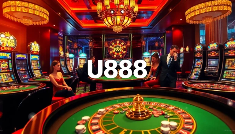 Experience the excitement of U888's luxury casino atmosphere with players enjoying high-stakes games.