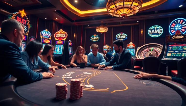 Exciting poker game at a casino highlighting https://go8.bz/ with vibrant slot machines and roulette wheel.
