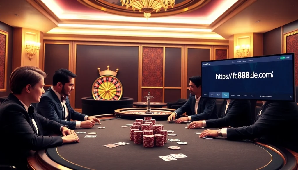 An engaging casino scene showcasing poker action at a high-stakes table, inspired by https://fc88.de.com/ for gamblers.