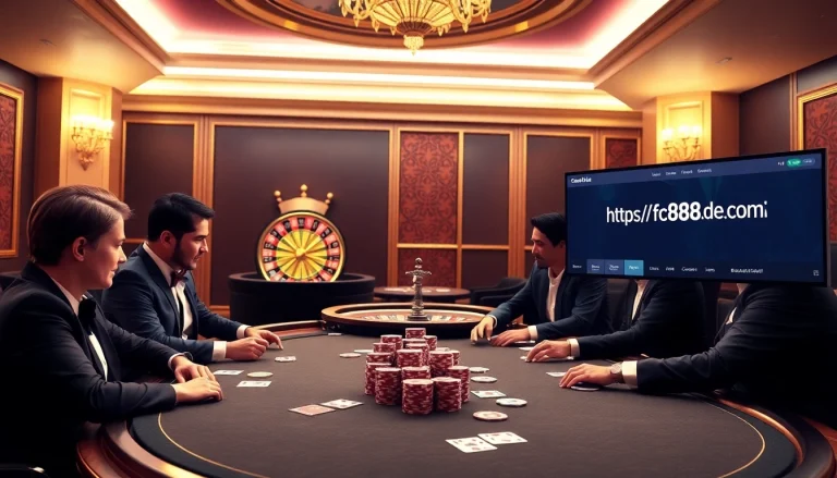 An engaging casino scene showcasing poker action at a high-stakes table, inspired by https://fc88.de.com/ for gamblers.
