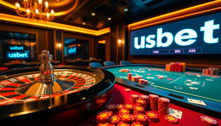 Experience high-stakes excitement with usbet at a luxurious casino table featuring roulette and poker.