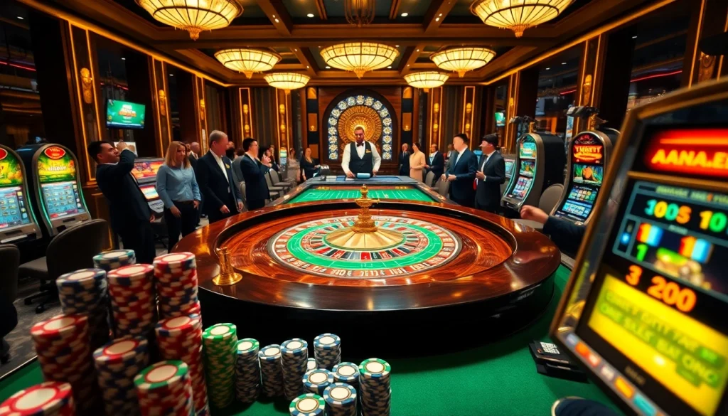 Excited players placing bets at a luxurious casino table, highlighting 7mcn gambling experiences.