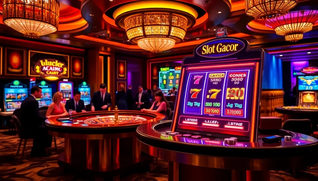 Spin the Slot Gacor machine featuring bright lights and casino ambiance.