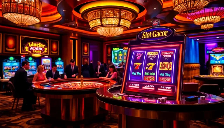 Spin the Slot Gacor machine featuring bright lights and casino ambiance.