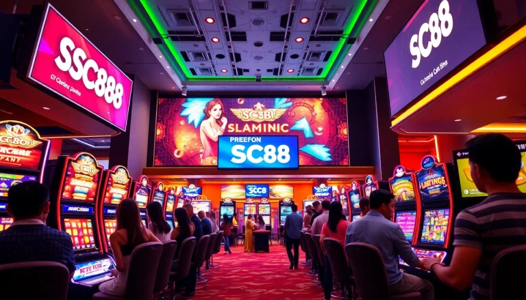 SC88 gaming experience with vibrant slot machines and excited players.