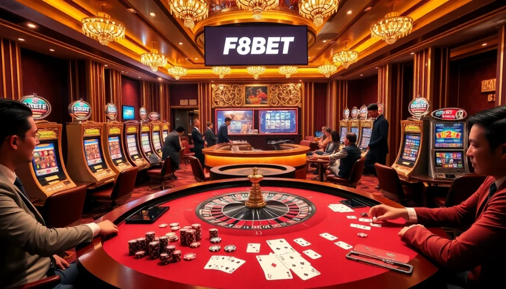 Excited players engaging at the F8BET roulette table in an elegant casino environment.