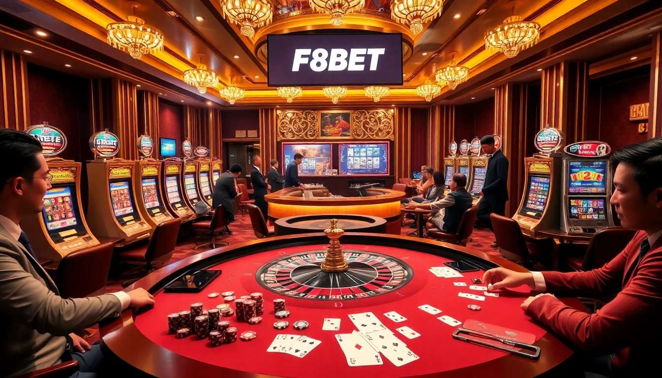 Excited players engaging at the F8BET roulette table in an elegant casino environment.