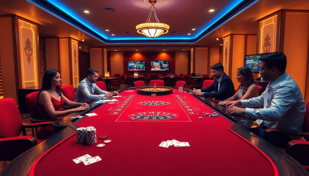 Players enjoy a luxurious gaming experience with MB66-themed casino elements at the table.