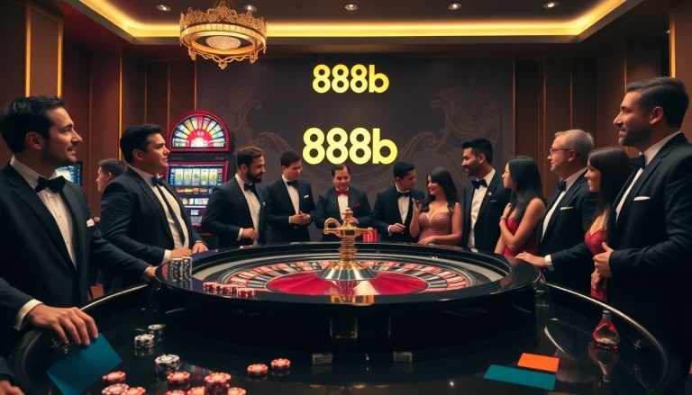 The lively scene of players enjoying a thrilling game at a roulette table with the 888b logo subtly featured.