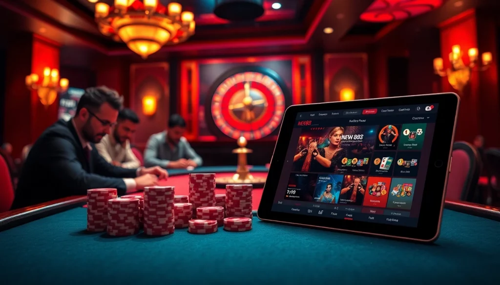 Engage with NEW88 đăng nhập at a luxurious casino setup showcasing poker chips and roulette.