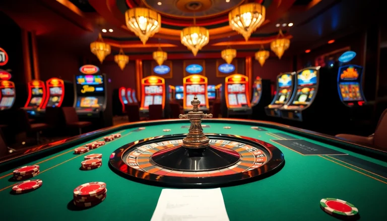 A vibrant casino scene showcasing alo789 excitement at a game table with poker chips and a roulette wheel.