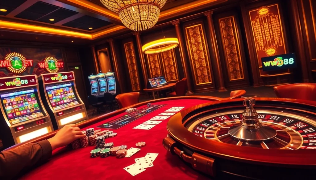 Experience the thrill of gambling at the ww88 casino table with poker chips and cards.