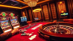 Experience the thrill of gambling at the ww88 casino table with poker chips and cards.